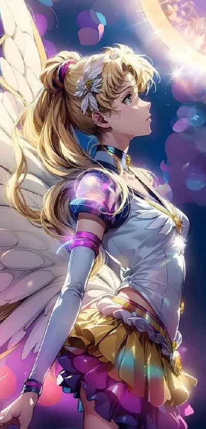 Anime angel with wings against a purple backdrop.