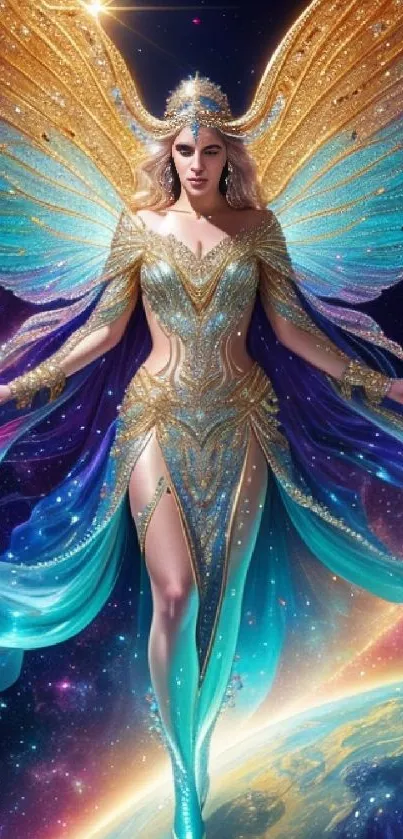 Fantasy angel with golden wings in a cosmic scene mobile wallpaper.