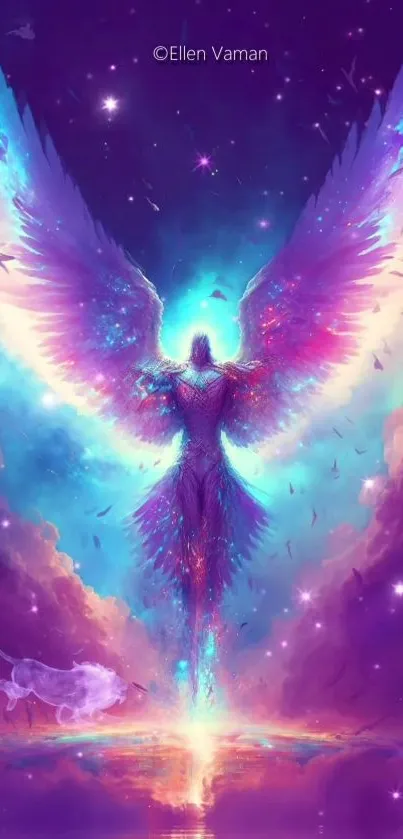 Celestial angel with vibrant wings in a fantasy setting.