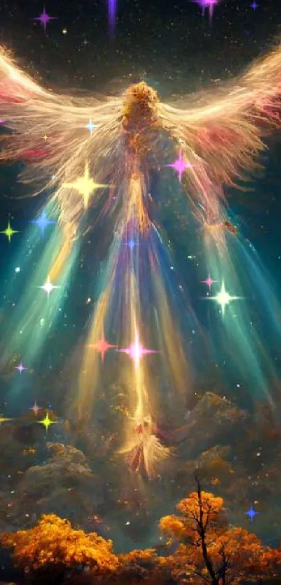 Vibrant angel soaring in starry night sky above colorful clouds.