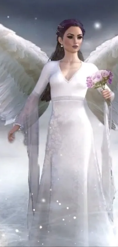 Angelic woman holding flowers with shimmering wings and white dress.