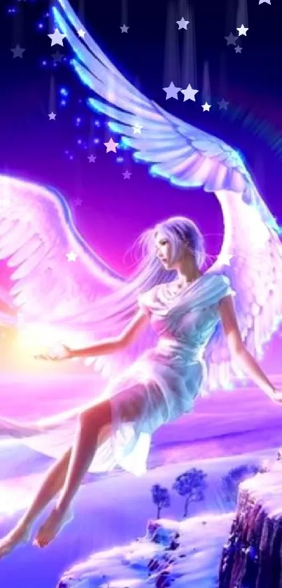 Ethereal angel with wings in vibrant fantasy landscape