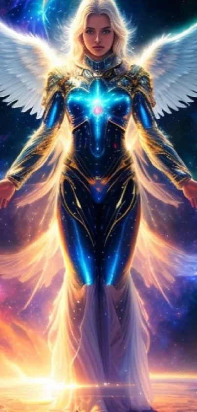 Ethereal angel with wings in a cosmic realm, glowing with divine light.