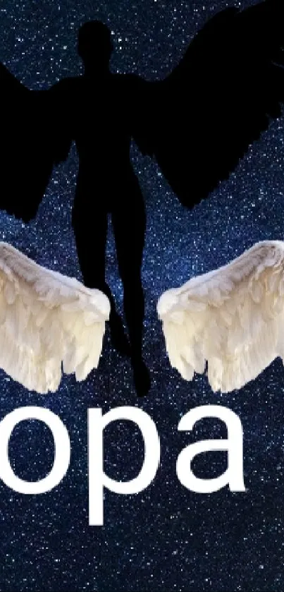 Angel silhouette with wings in starry cosmic background.