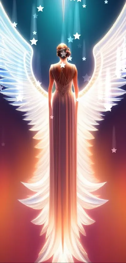 Illuminated angel with wings in glowing aura.