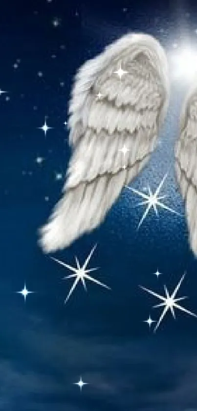 Ethereal angel wings against a starlit dark blue sky.