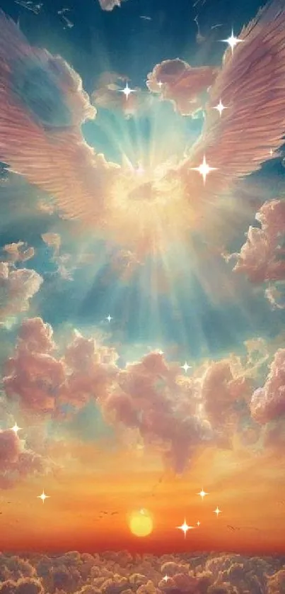 Celestial angel wings with vibrant sunset clouds.