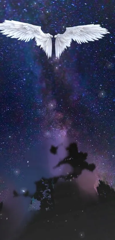 Angel wings soar over a star-studded night sky.