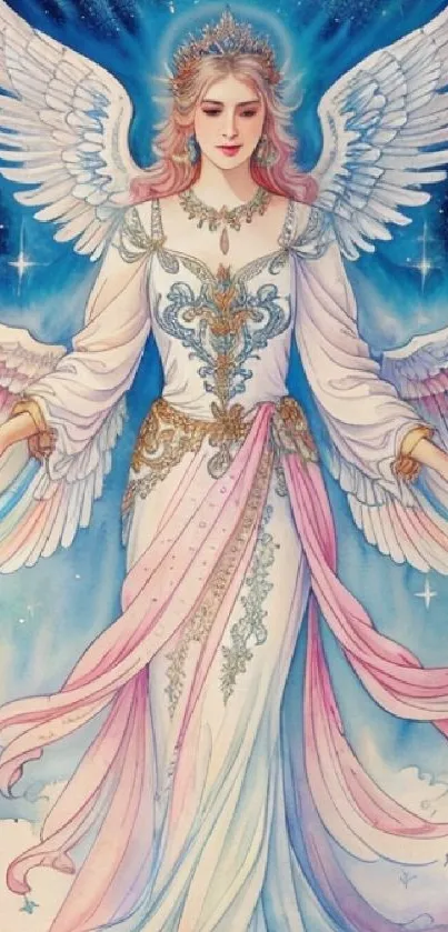 Ethereal angel in pastel hues with wings and ornate details in a celestial setting.