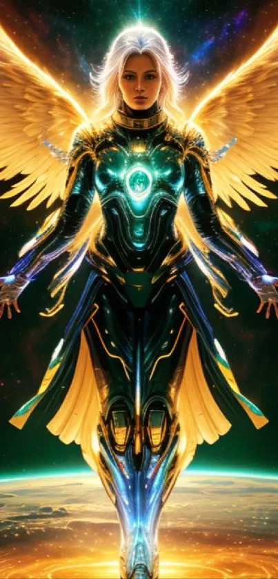 Celestial angelic warrior with golden wings in cosmic art, perfect mobile wallpaper.