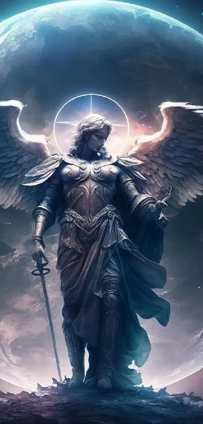 Majestic angelic warrior with wings and sword under celestial light.