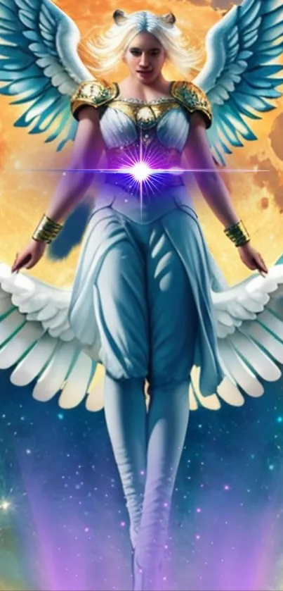 Celestial angelic warrior with wings and cosmic backdrop under a full moon.