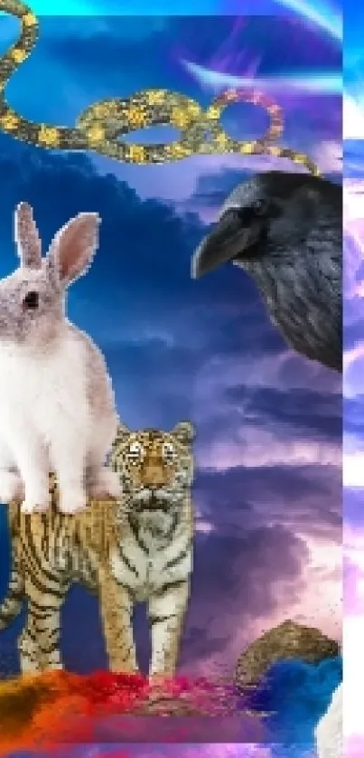 Wallpaper of rabbit, tiger, and raven in a colorful celestial sky.