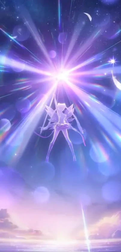 Ethereal anime figure in celestial light display.