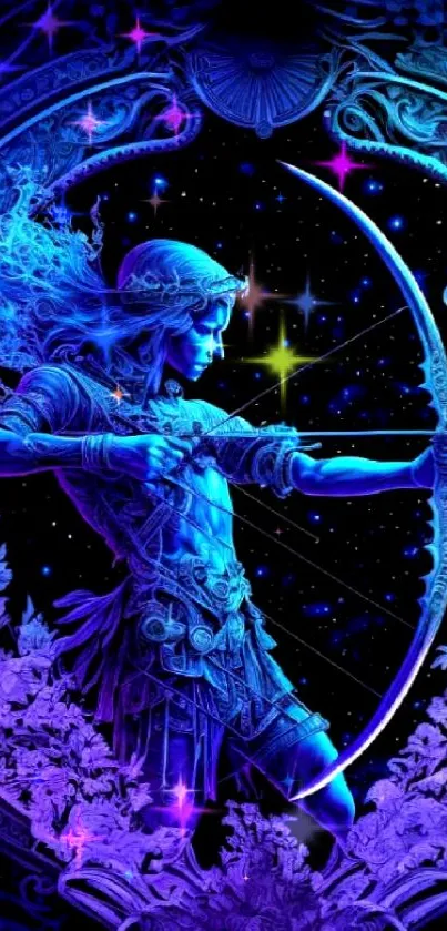 Fantasy celestial archer with bow in blue tones, surrounded by cosmic elements.