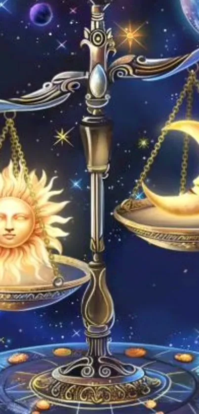 Artistic rendering of scales with sun and moon, set against a cosmic background.