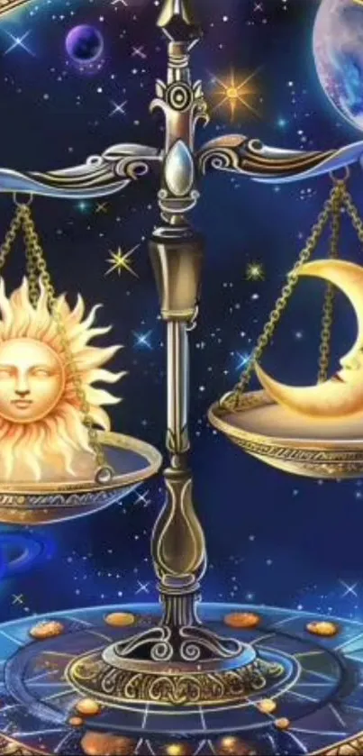 Celestial wallpaper featuring sun and moon balancing on scales with a starry night sky.