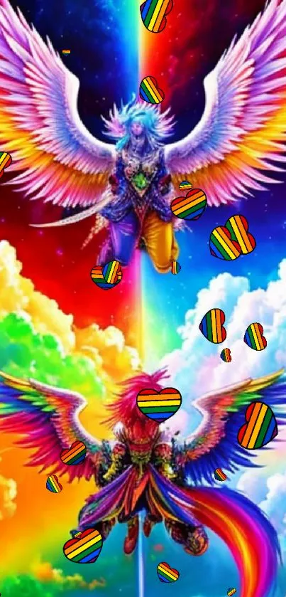 Angelic and demonic figures battling in vibrant colors with wings spread wide.