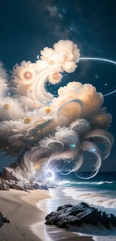 Abstract cosmic clouds over a serene beach at night.