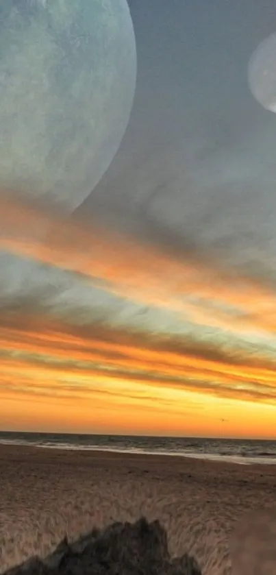 Celestial-themed beach sunset with planets in the sky, ideal for mobile wallpaper.