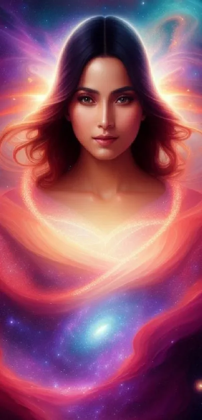 Mystical woman with swirling cosmic colors in mobile wallpaper.