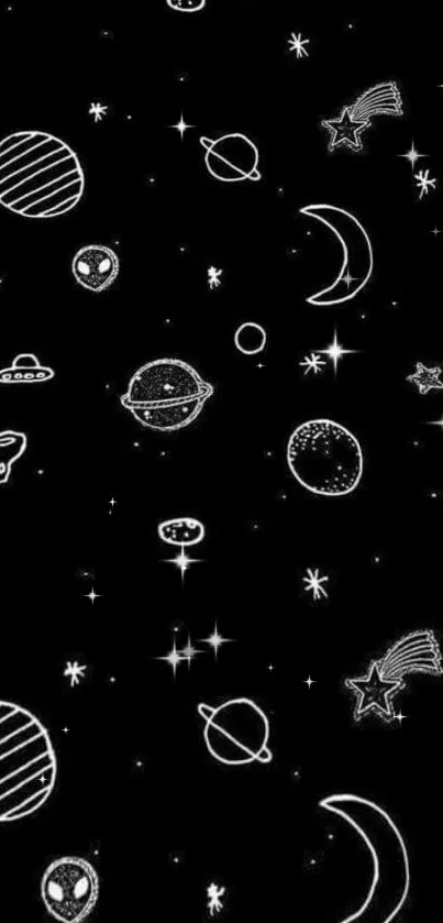 Black space wallpaper with doodles of planets, stars, and aliens.