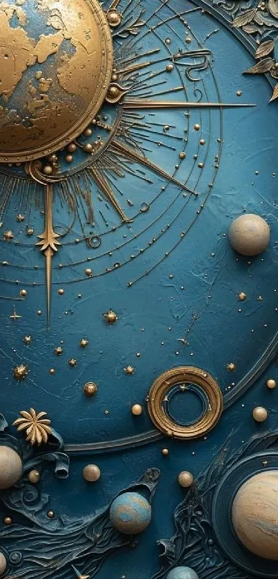 Celestial-themed blue and gold planetary art wallpaper with cosmic details.