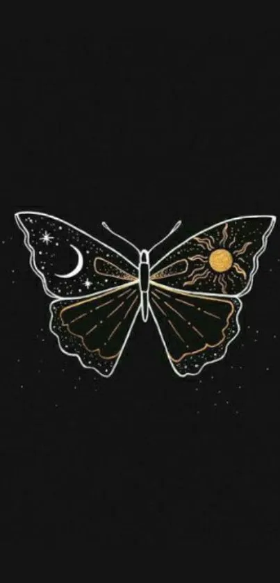 Celestial butterfly with sun and moon on a black background wallpaper.