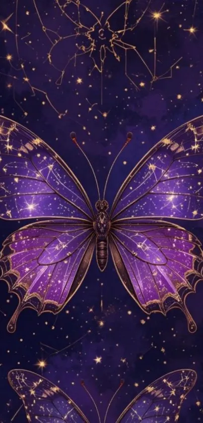 Celestial purple butterfly on a starry background wallpaper.