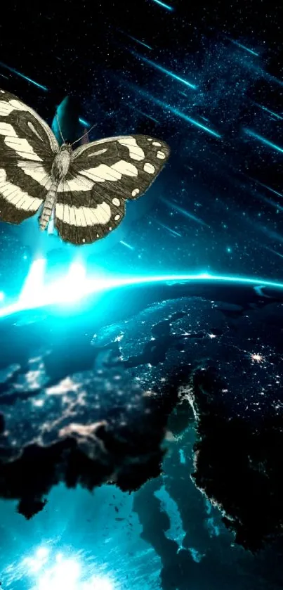 Butterfly soaring above Earth with shooting stars in a cosmic scene.