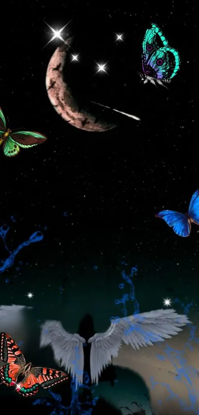 Butterflies and crescent moon under a starry sky.