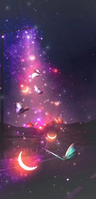 Celestial night scene with butterflies and lunar crescents.