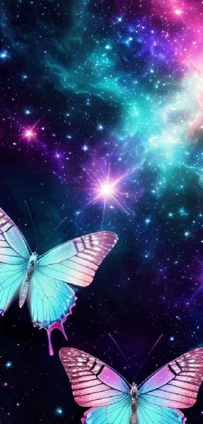 Colorful butterflies against a galaxy backdrop with stars.