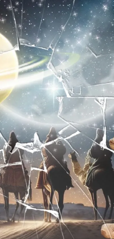 Camels journey across a cosmic desert under a shattered sky, featuring planets and stars.
