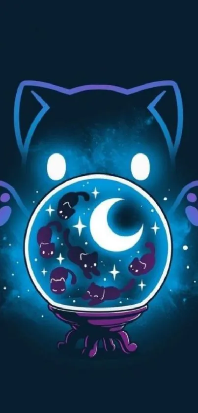 Celestial cat themed mobile wallpaper with a mystical dark blue background.