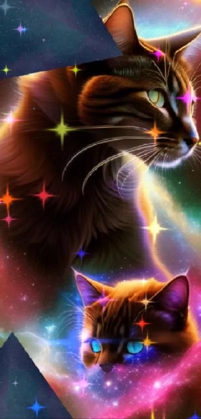 Celestial cats amidst a colorful galaxy background, perfect for mobile screens.