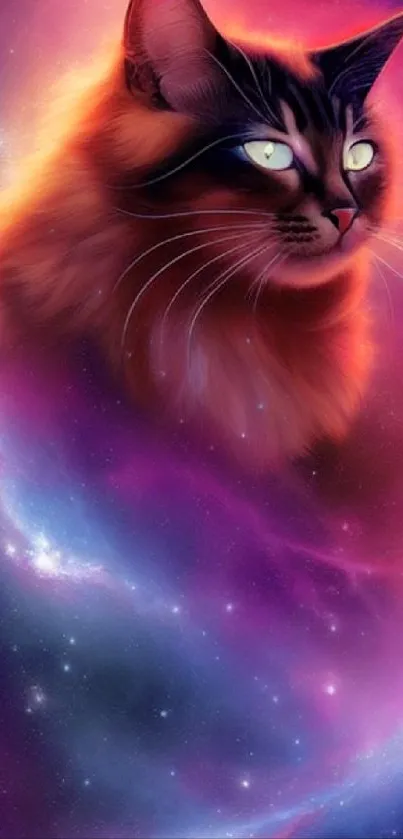 Celestial cat in a vibrant purple galaxy, perfect for mobile wallpaper.