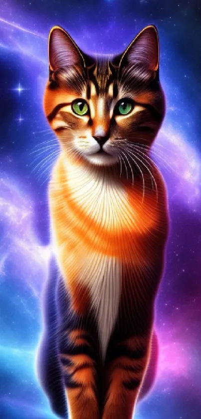 Stunning cat with cosmic background, vibrant colors, and celestial theme.