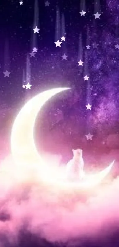 Mystical cat on crescent moon in a purple cosmic sky wallpaper.