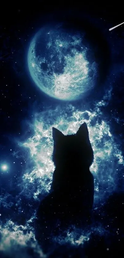 Cat silhouette under a glowing moon in a starry dark blue night sky.