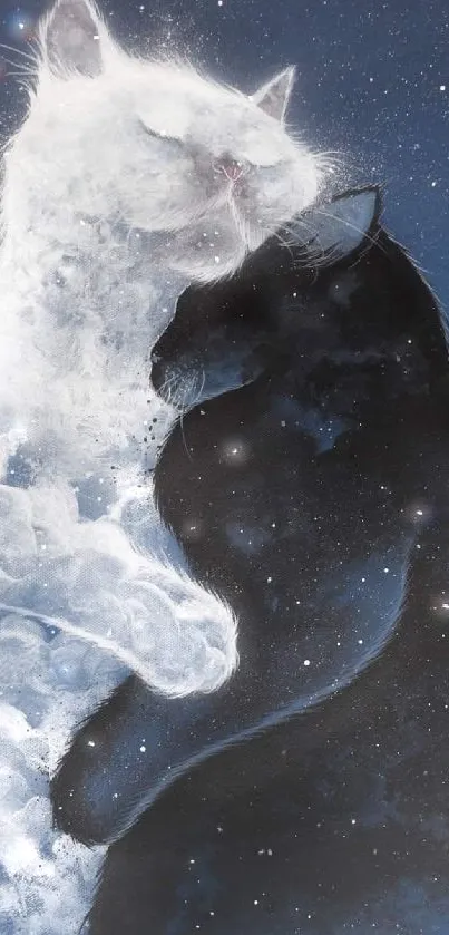 Ethereal cats embrace under a starry night sky in a mystical artwork for phone wallpaper.