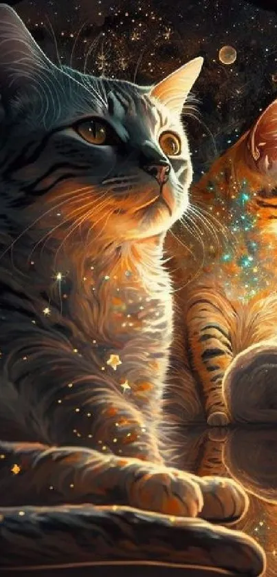 Celestial cats sitting among stars and planets in cosmic art wallpaper.