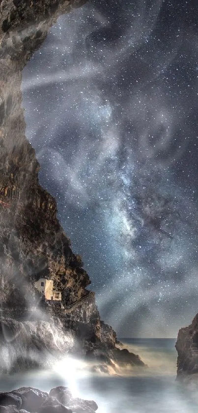 Celestial cave opening with starry night sky and misty foreground.