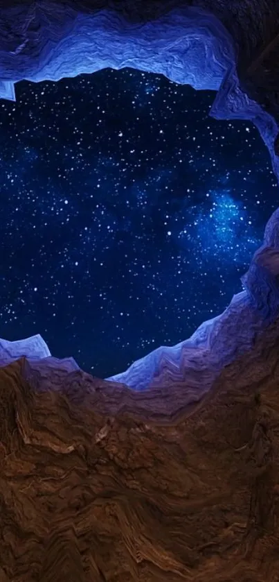 Starry night sky through rocky cave opening in beautiful mobile wallpaper.