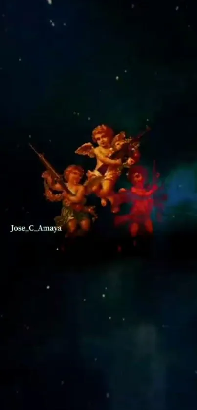 Cherubs with firearms floating in dark space art.