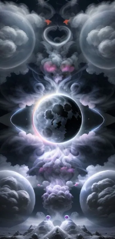 Celestial cloud art wallpaper with a glowing moon.