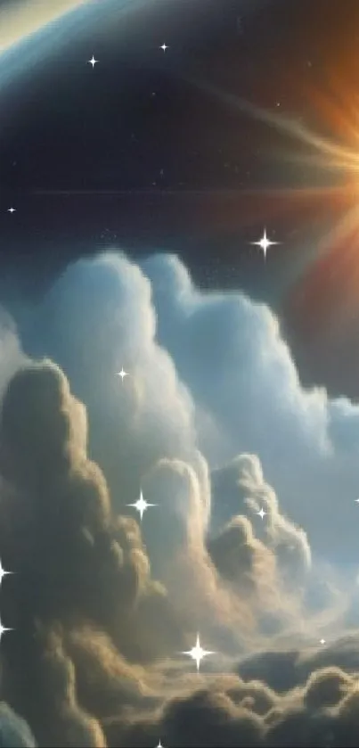 Celestial clouds illuminated by a radiant sunburst with a serene atmosphere.