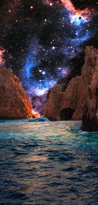 Fantasy galaxy over rocky coastline wallpaper.