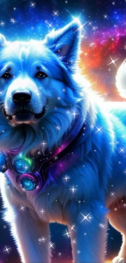 Cosmic blue dog surrounded by stars and a galaxy background.