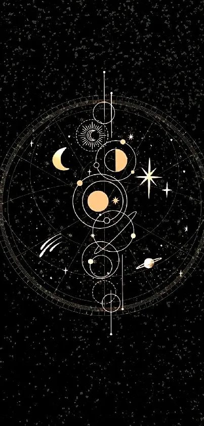 Celestial cosmic design with planets and stars on a starlit black background.